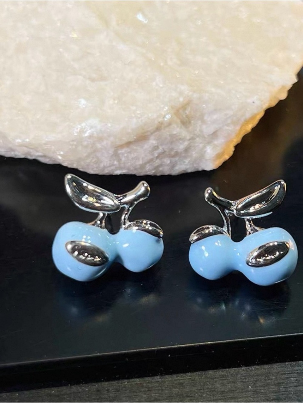 Silver & Light Blue Cherry Stud Earrings - Women's Fashion Jewelry